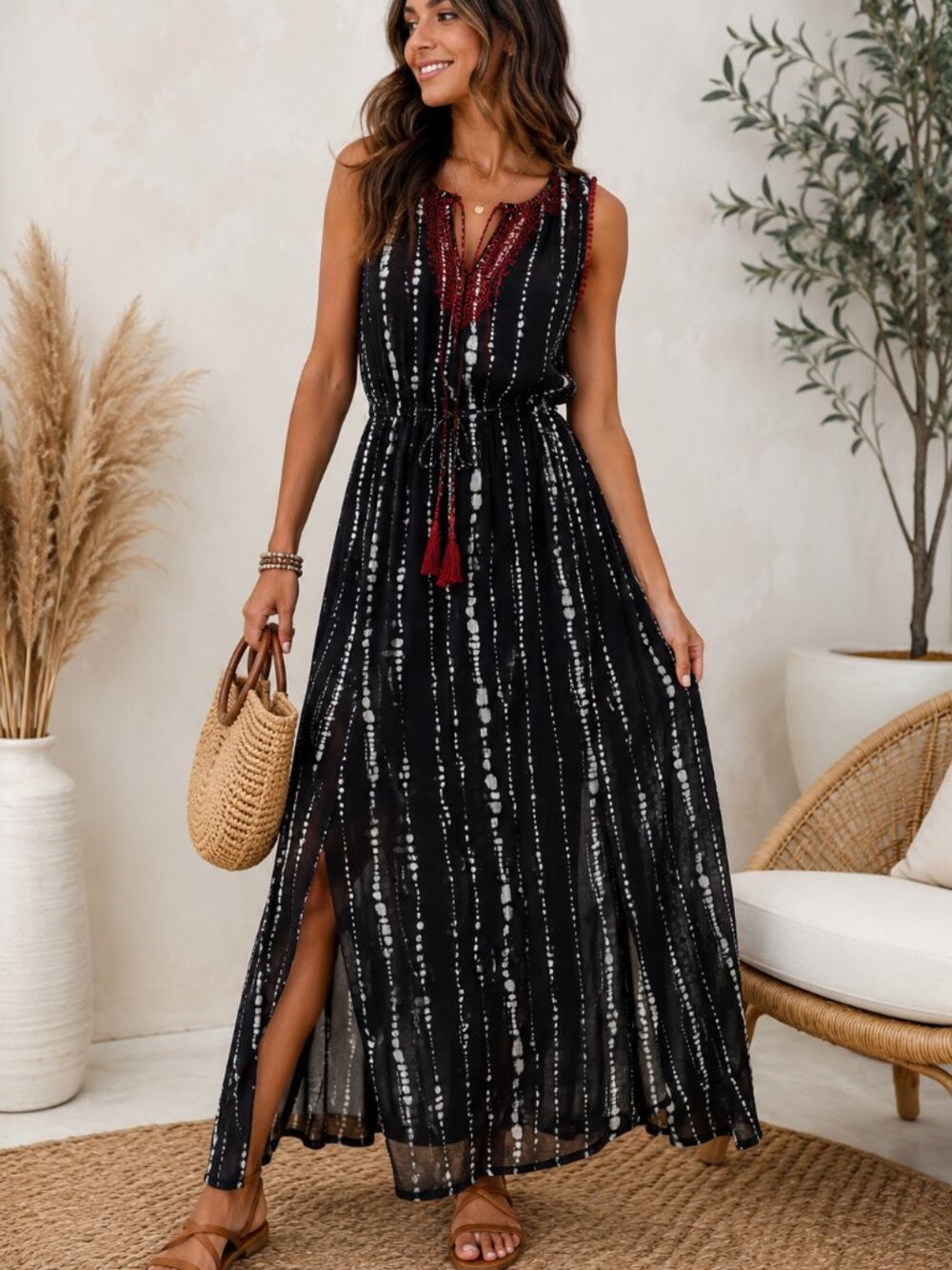 NWT Knox Rose Boho Maxi Dress Black Embroidered Tassel Tie Dye Sleeveless